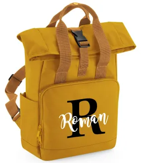 Personalised Childrens Name and Initial Backpack Twin Handle Roll-Top Bag Mustard