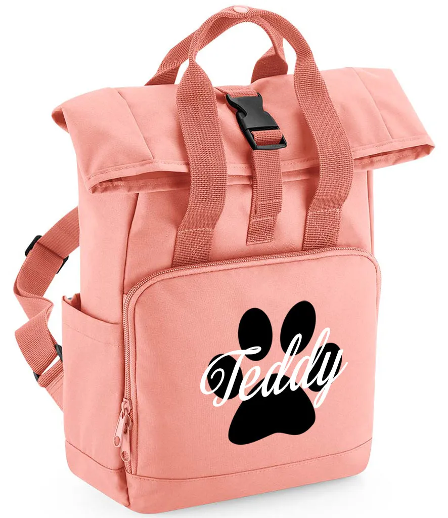 Personalised Dog Paw Backpack Twin Handle Roll-Top Dog Bag Light Grey