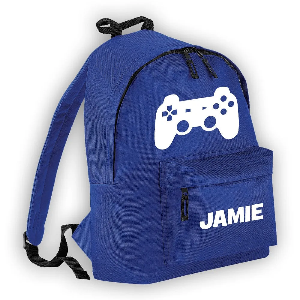 Personalised Gamer Controller Backpack Bag Rucksake Boys Royal Blue ADD YOUR NAME Junior Backpack Kids