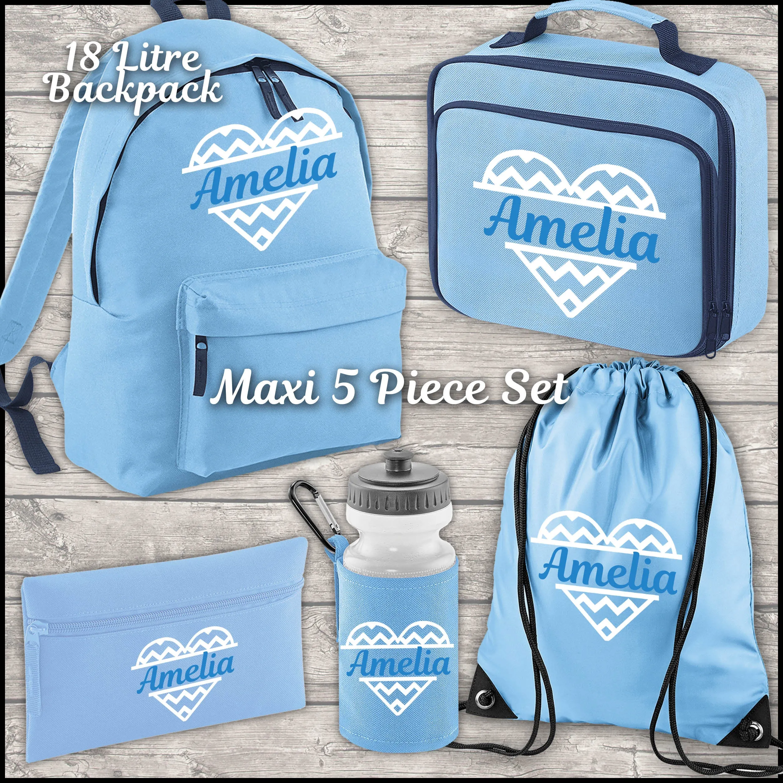 Personalised Heart Backpack Kids 18 or 9 Litre Boys Girls Name Lunch Bag Water Bottle Pencil Case School PE Bag Back To School S