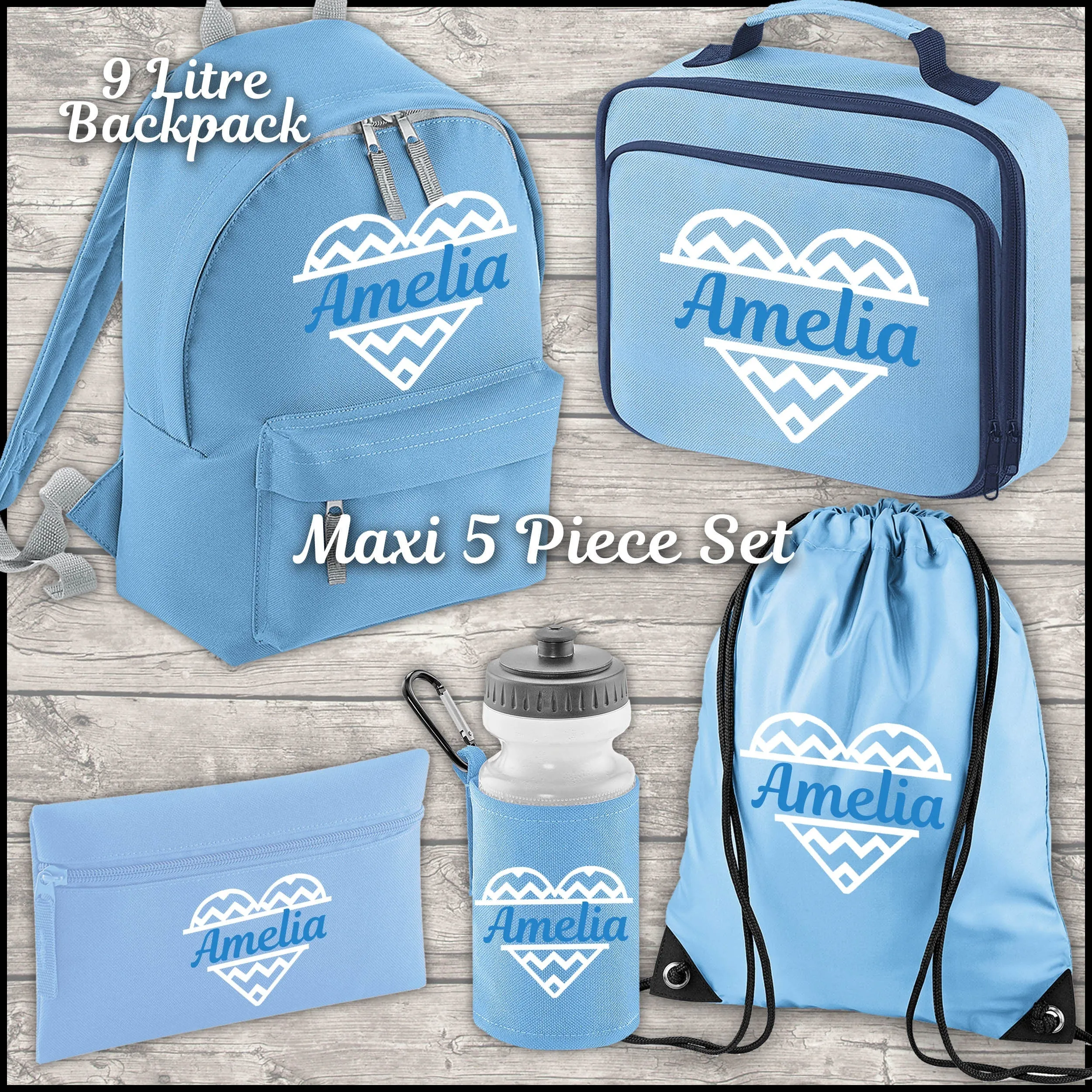 Personalised Heart Backpack Kids 18 or 9 Litre Boys Girls Name Lunch Bag Water Bottle Pencil Case School PE Bag Back To School S