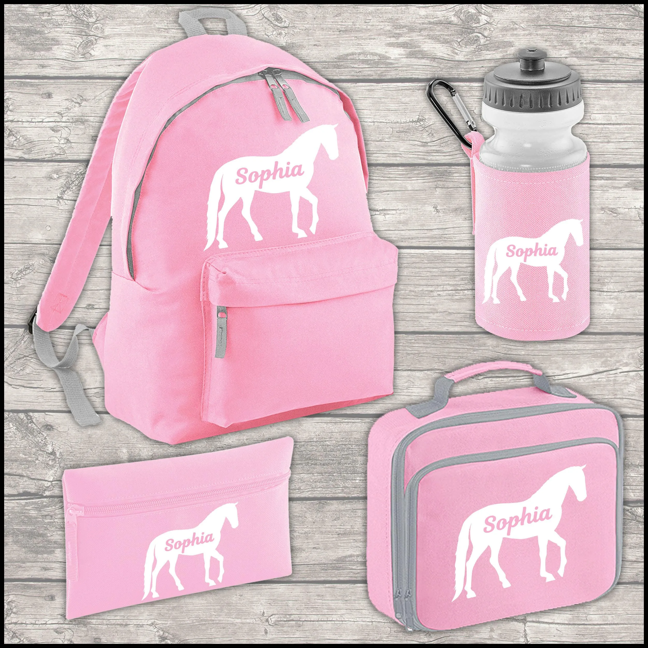 Personalised Horse 12 litre Backpack Water Bottle and Lunch Bag and FREE Pencil Case Back To School Backpack Kids Junior Size