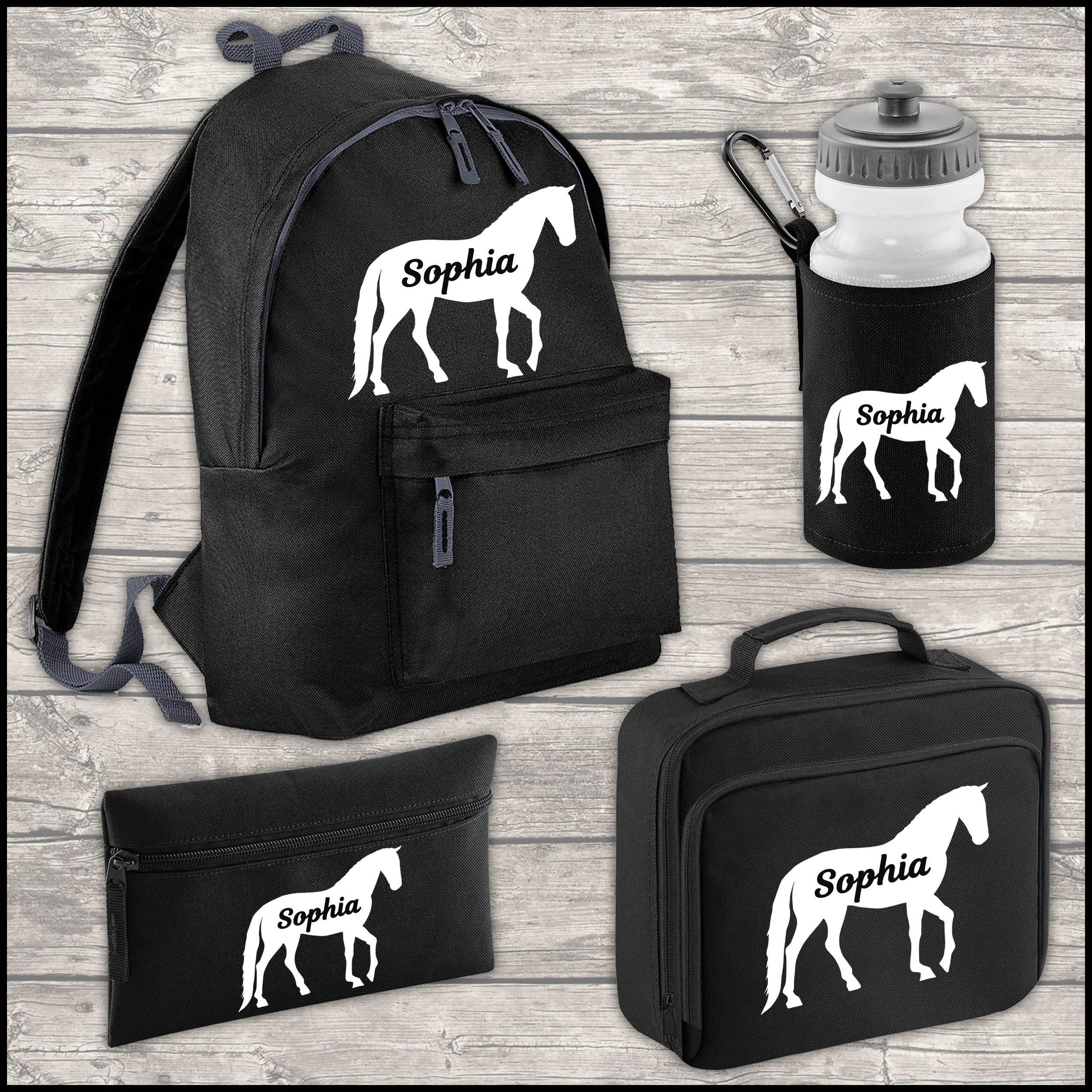 Personalised Horse 12 Litre Backpack Water Bottle and Lunch Bag and FREE Pencil Case Back To School Black Backpack Kids Junior S