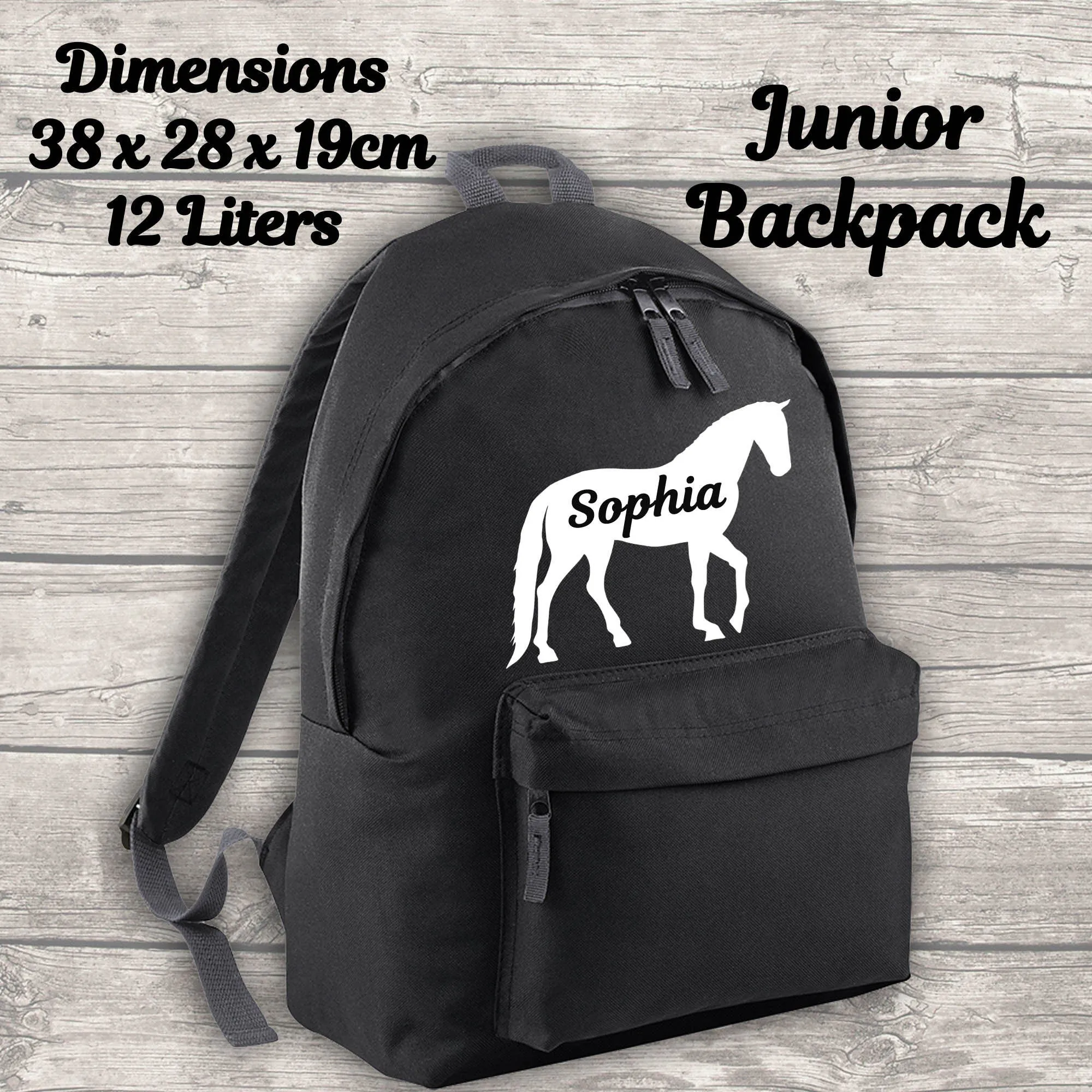 Personalised Horse 12 Litre Backpack Water Bottle and Lunch Bag and FREE Pencil Case Back To School Black Backpack Kids Junior S