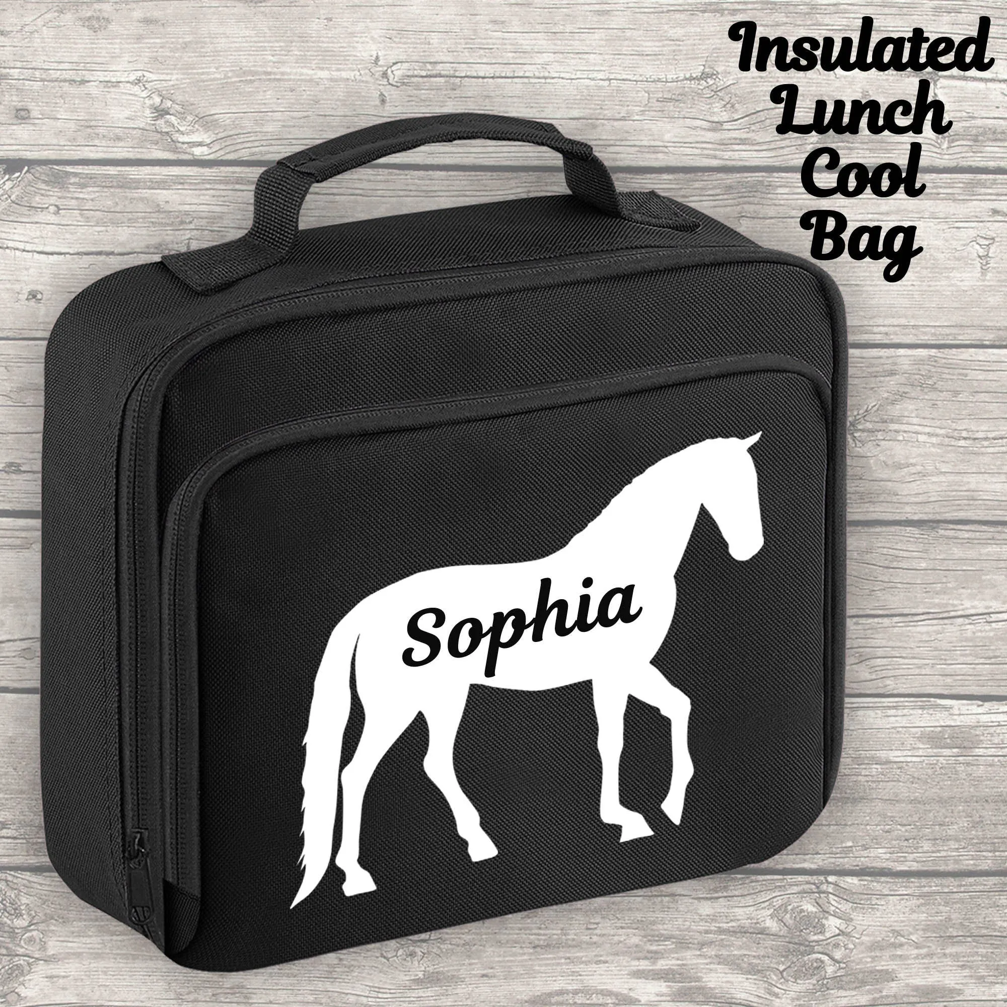 Personalised Horse 12 Litre Backpack Water Bottle and Lunch Bag and FREE Pencil Case Back To School Black Backpack Kids Junior S