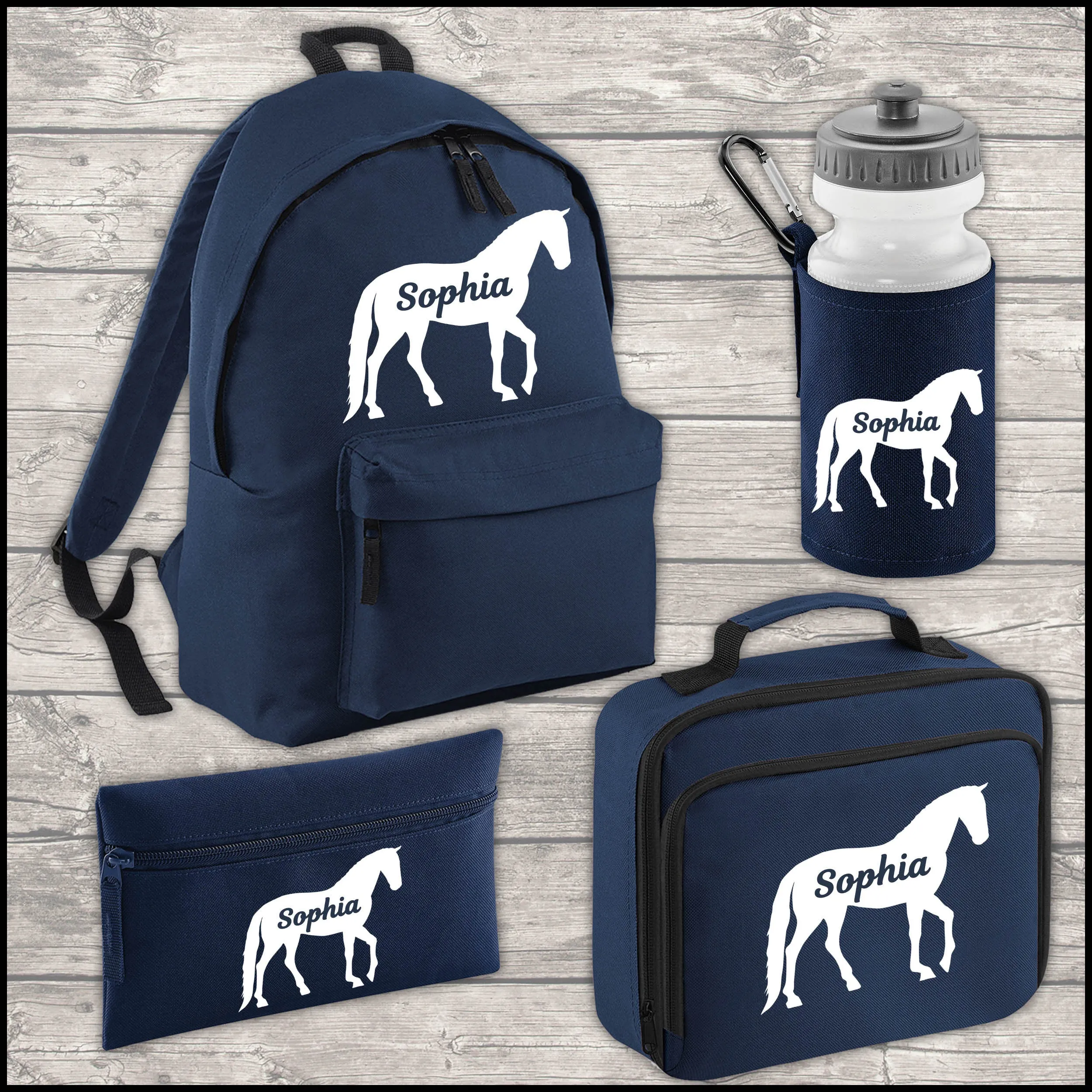 Personalised Horse 12 Litre Backpack Water Bottle and Lunch Bag and FREE Pencil Case Back To School Navy Backpack Kids Junior Si