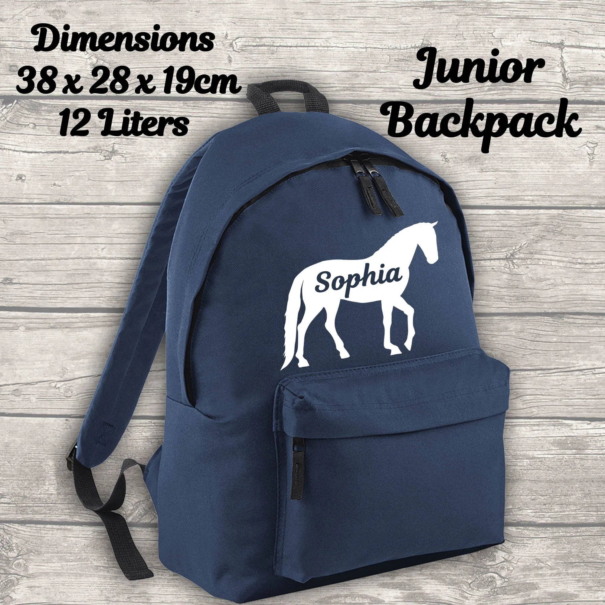 Personalised Horse 12 Litre Backpack Water Bottle and Lunch Bag and FREE Pencil Case Back To School Navy Backpack Kids Junior Si