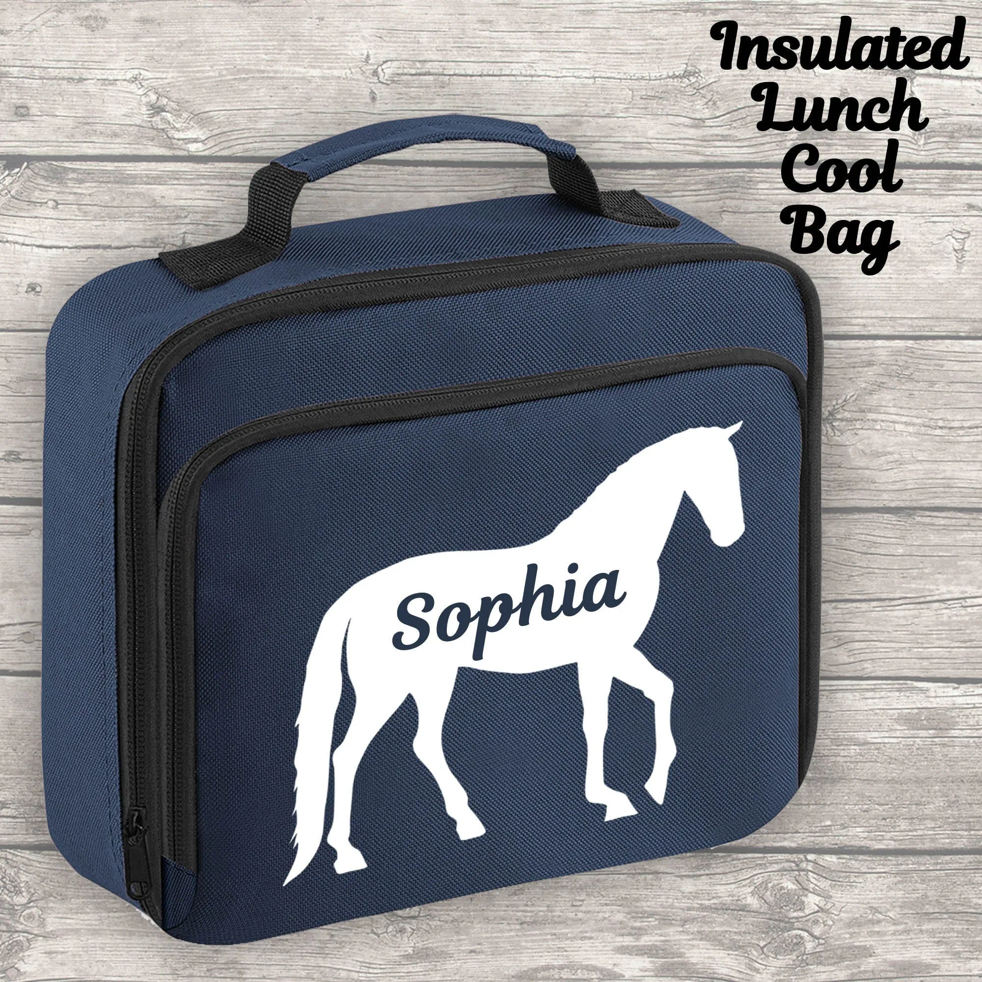 Personalised Horse 12 Litre Backpack Water Bottle and Lunch Bag and FREE Pencil Case Back To School Navy Backpack Kids Junior Si