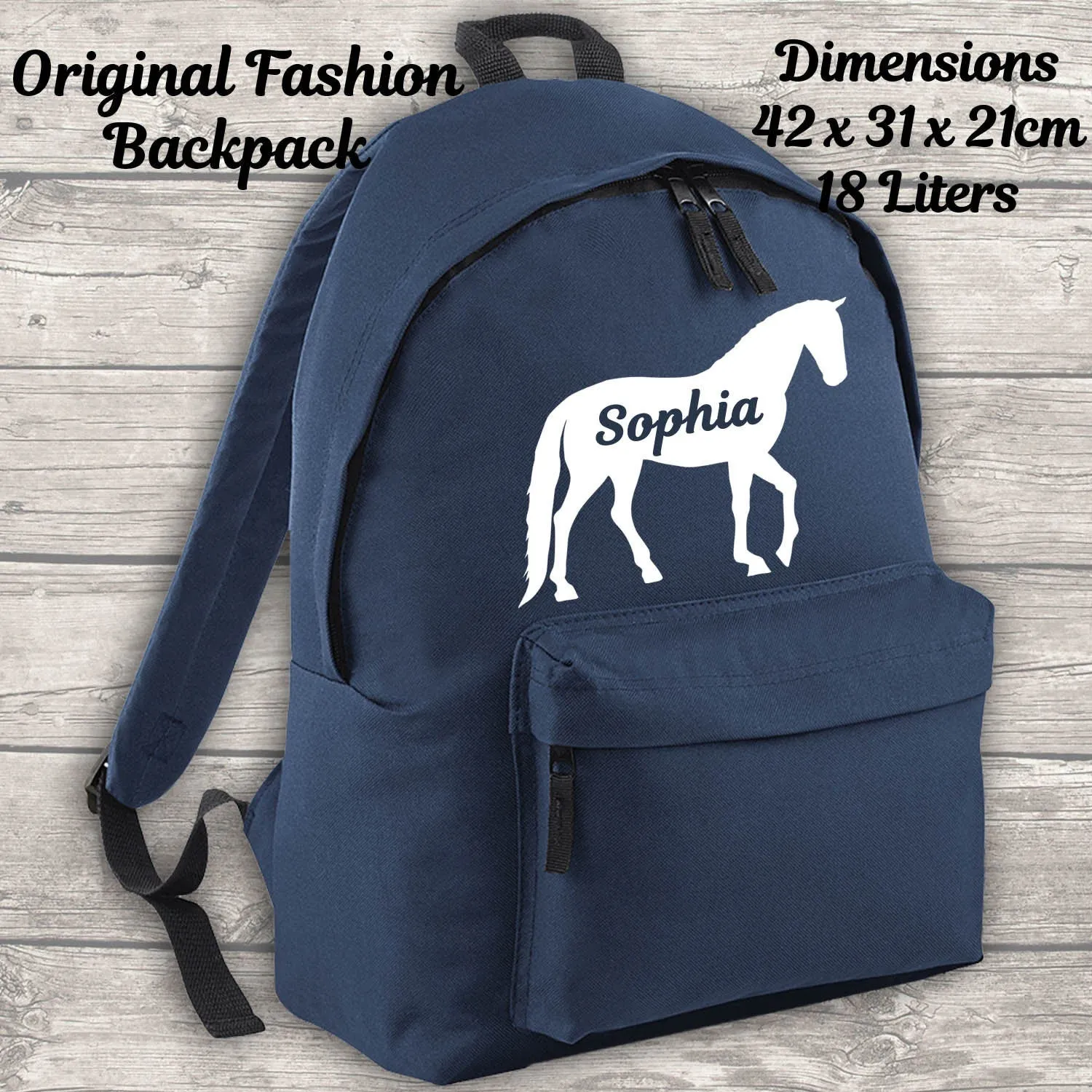 Personalised Horse 18L Backpack Kids Lunch Bag Water Bottle and FREE Pencil Case ADD Your NAME Back To School Navy