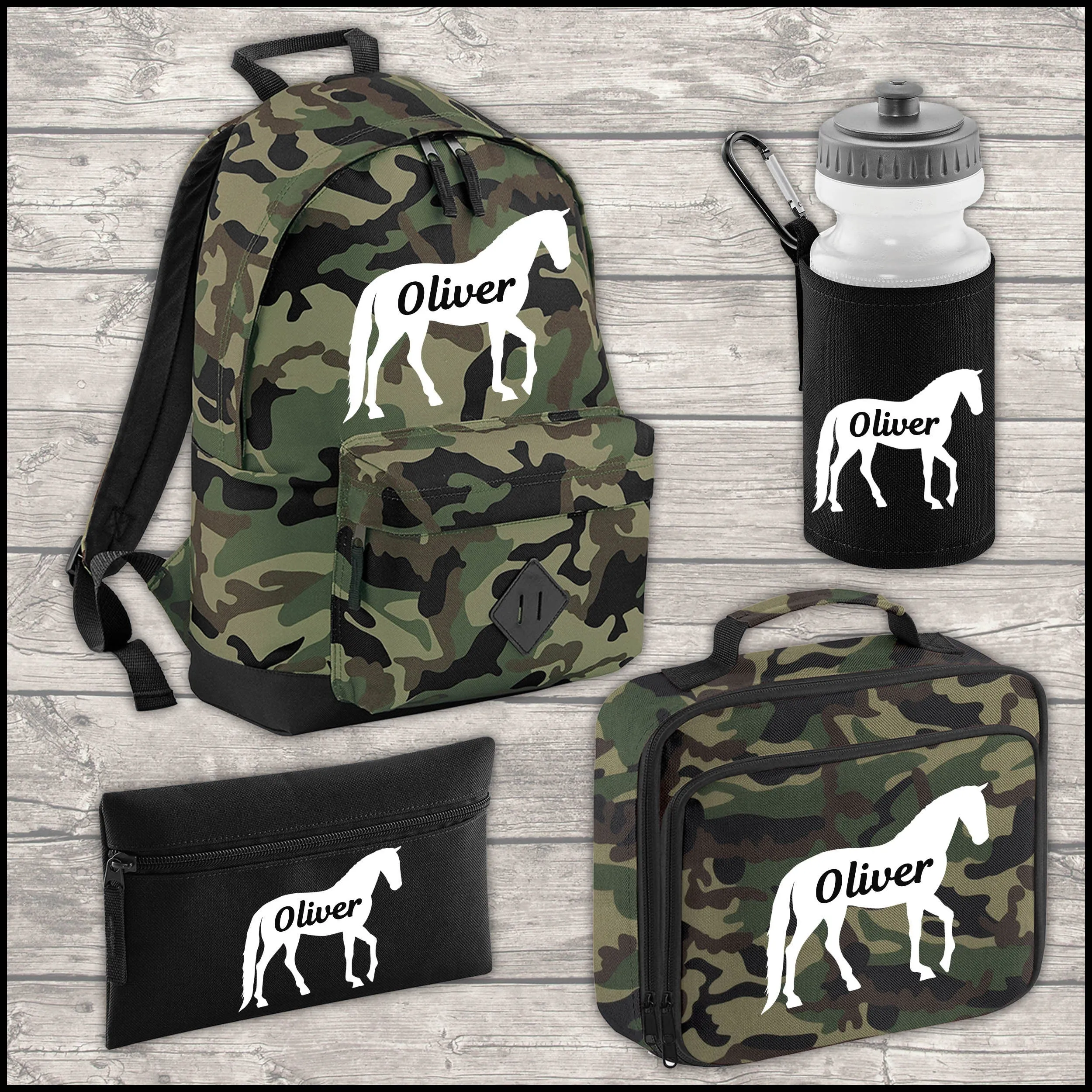 Personalised Horse 18L Backpack Kids Lunch Bag Water Bottle and FREE Pencil Case Army Camo Jungle ADD Your NAME Back To School