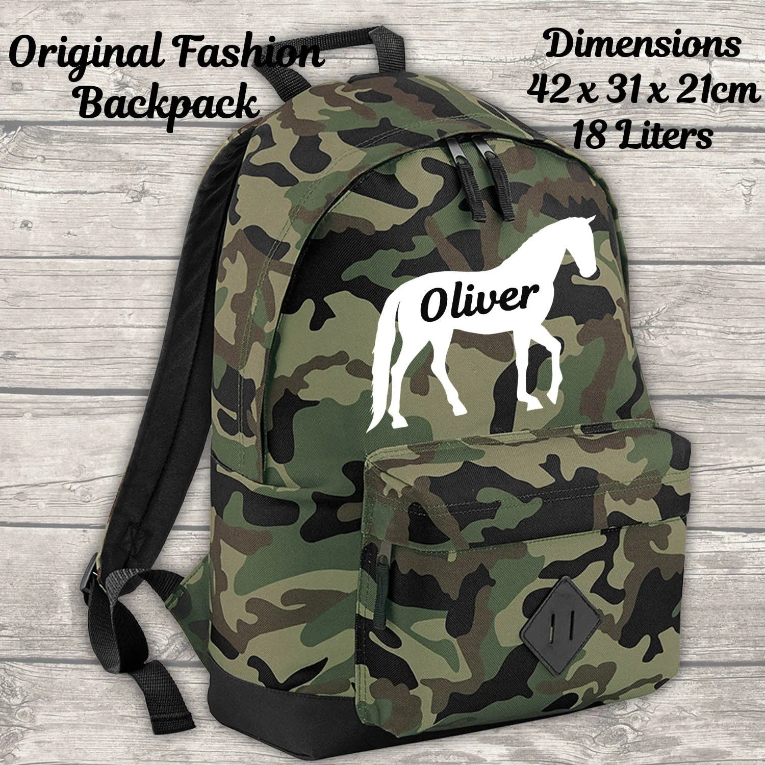 Personalised Horse 18L Backpack Kids Lunch Bag Water Bottle and FREE Pencil Case Army Camo Jungle ADD Your NAME Back To School