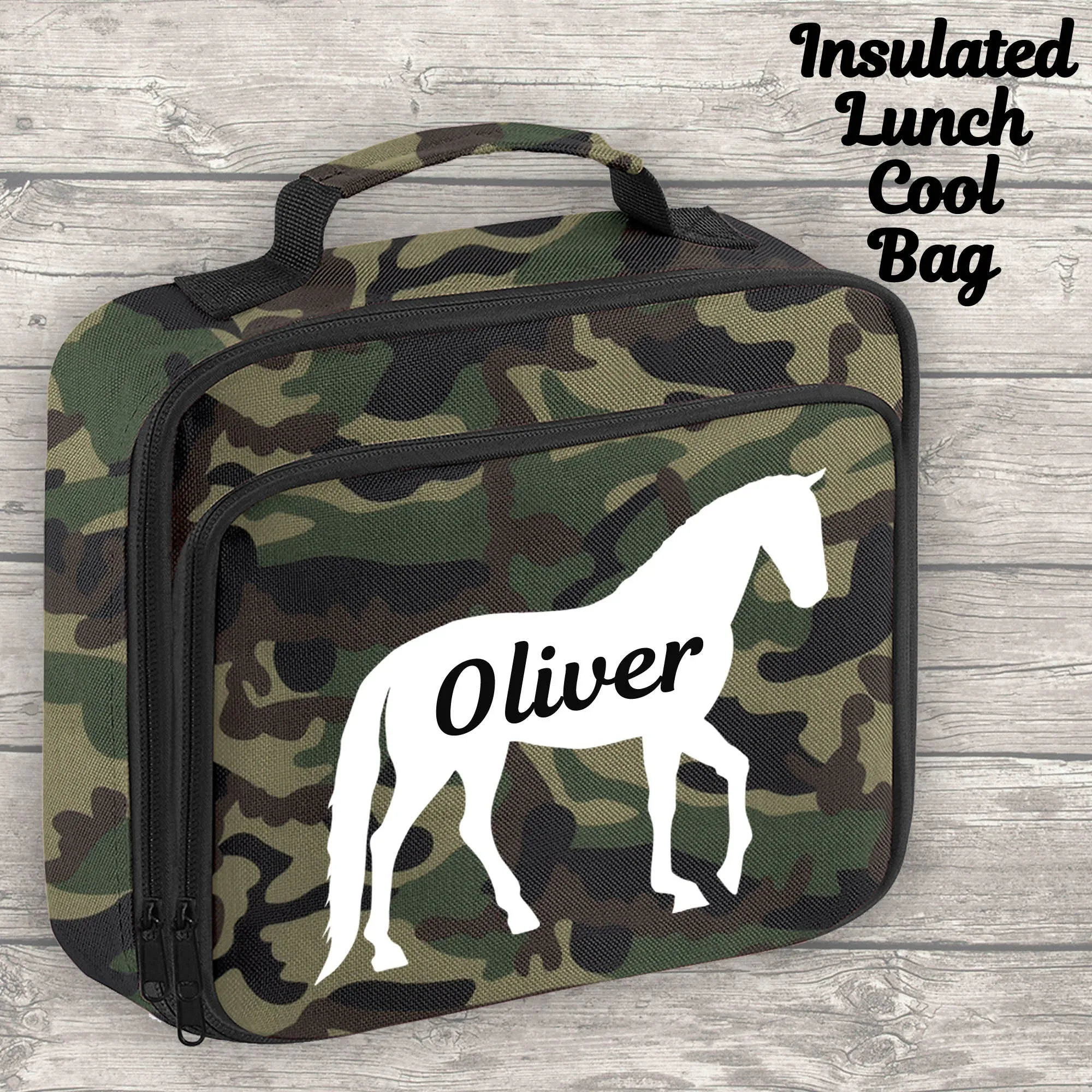 Personalised Horse 18L Backpack Kids Lunch Bag Water Bottle and FREE Pencil Case Army Camo Jungle ADD Your NAME Back To School