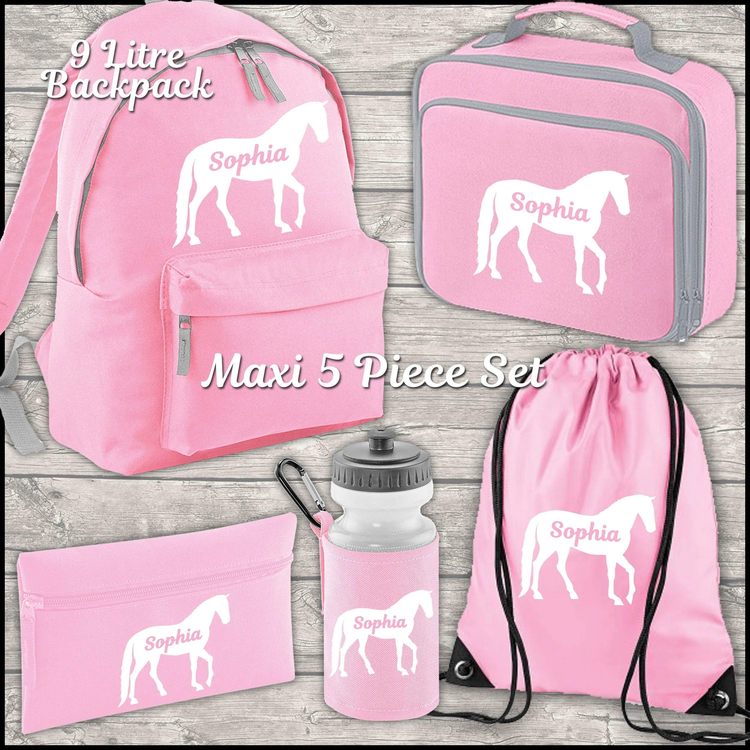 Personalised Horse Backpack Kids 18 12 or 9 Litre Boys Girls Name Lunch Bag Water Bottle Pencil Case School PE Bag Back To Schoo