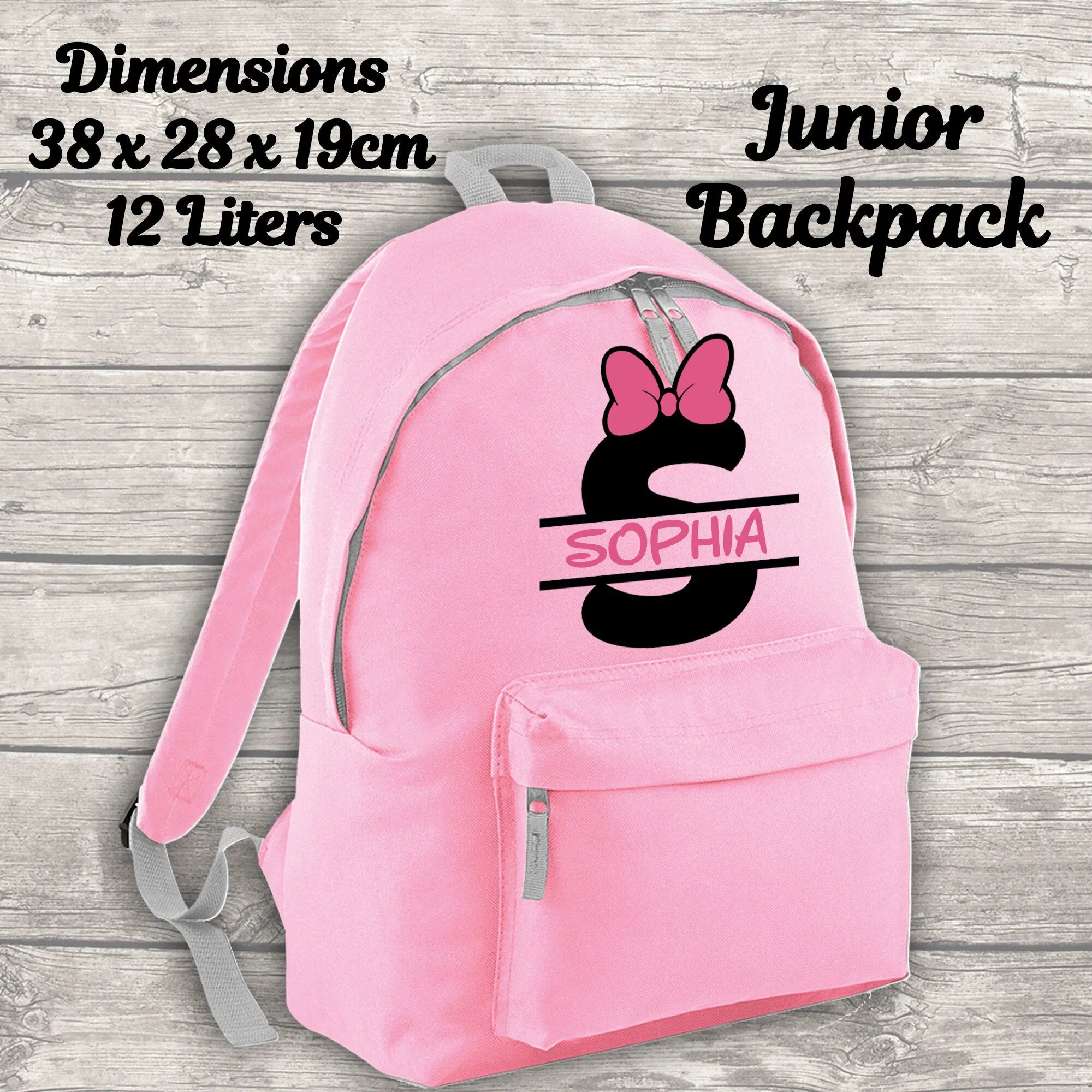 Personalised Name, Initial and Bow 12 Litre Backpack Water Bottle Lunch Bag and FREE Pencil Case Back To School Backpack Kids Ju