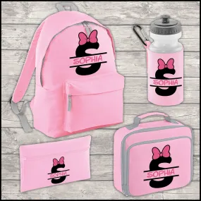 Personalised Name, Initial and Bow 12 Litre Backpack Water Bottle Lunch Bag and FREE Pencil Case Back To School Backpack Kids Ju