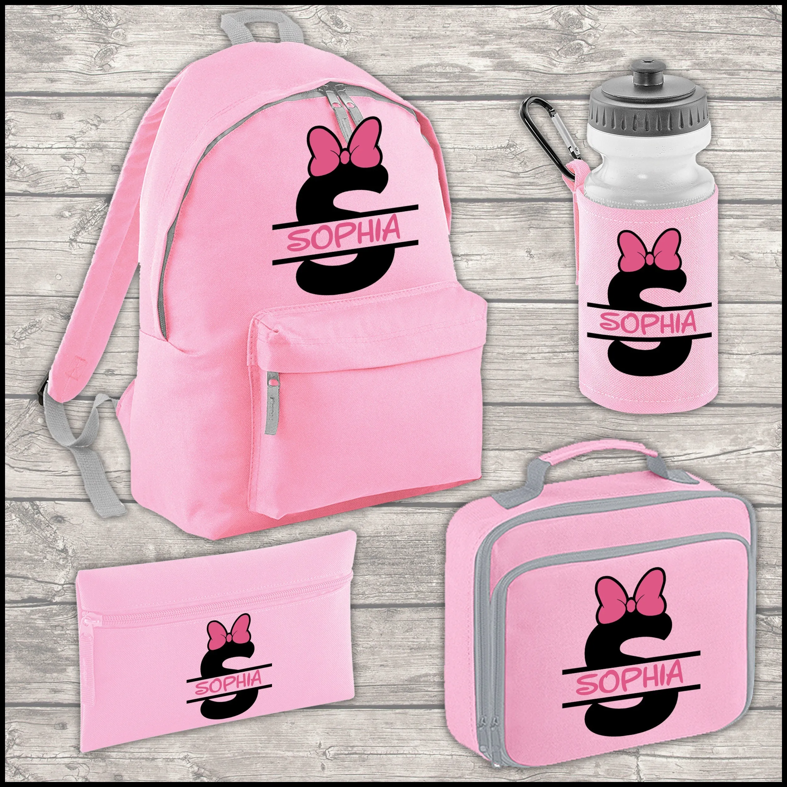 Personalised Name, Initial and Bow 9 Litre Backpack Water Bottle and Lunch Bag and FREE Pencil Case Back To School Backpack Kids