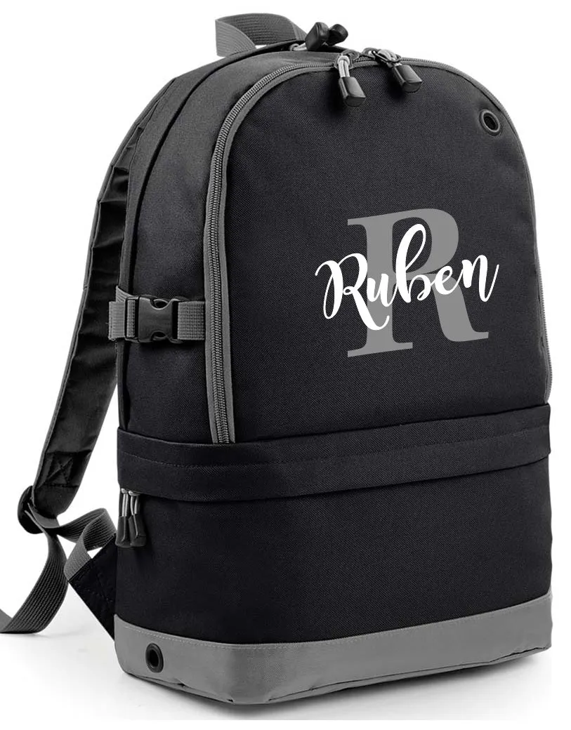 Personalised Pro Backpack with Laptop Compartment and Matching Gym Bag Initial and Name 18L Black Set