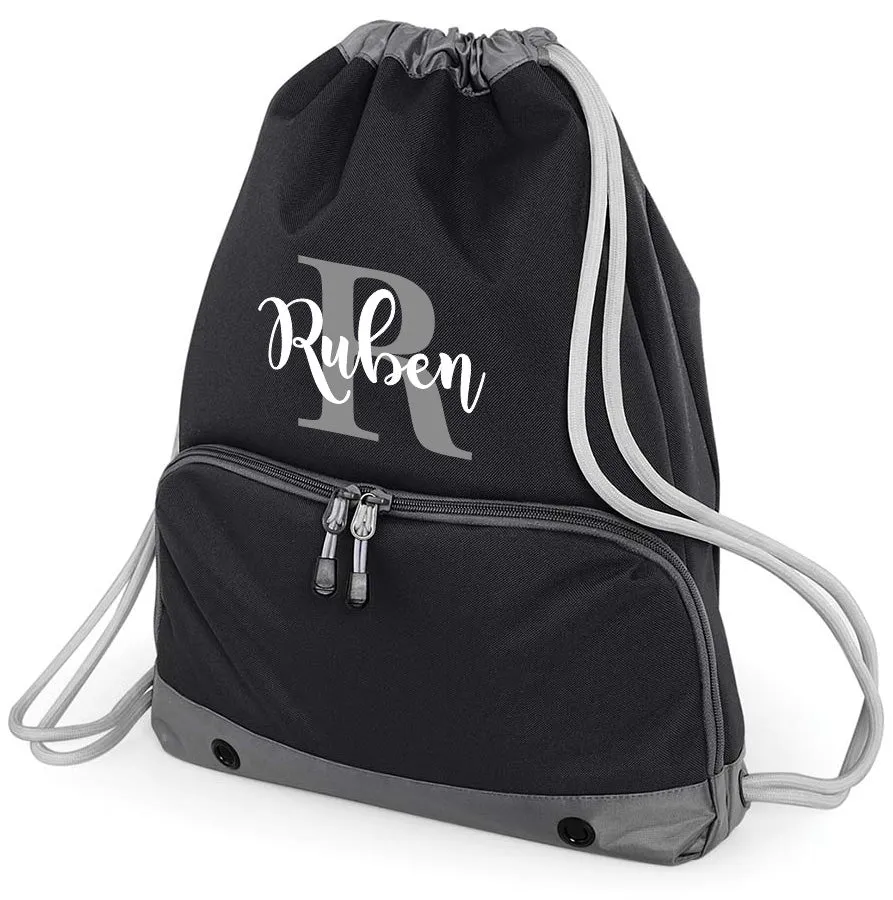 Personalised Pro Backpack with Laptop Compartment and Matching Gym Bag Initial and Name 18L Black Set