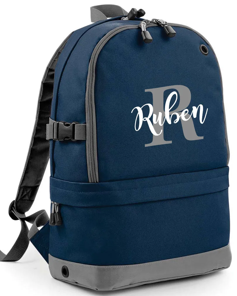 Personalised Pro Backpack with Laptop Compartment and Matching Gym Bag Initial and Name 18L Navy