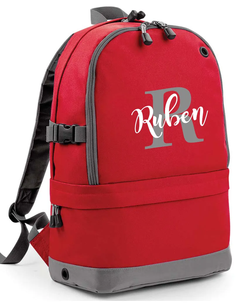 Personalised Pro Backpack with Laptop Compartment and Matching Gym Bag Initial and Name 18L Red Set