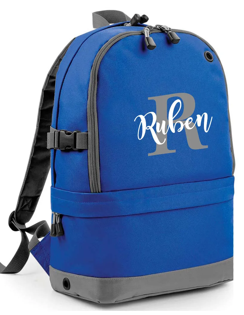 Personalised Pro Backpack with Laptop Compartment and Matching Gym Bag Initial and Name 18L Royal Blue Set