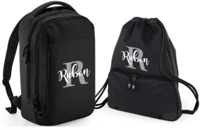 Personalised Pro Backpack with Water bottle pocket and Matching Gym Bag Initial and Name 23L Black Set