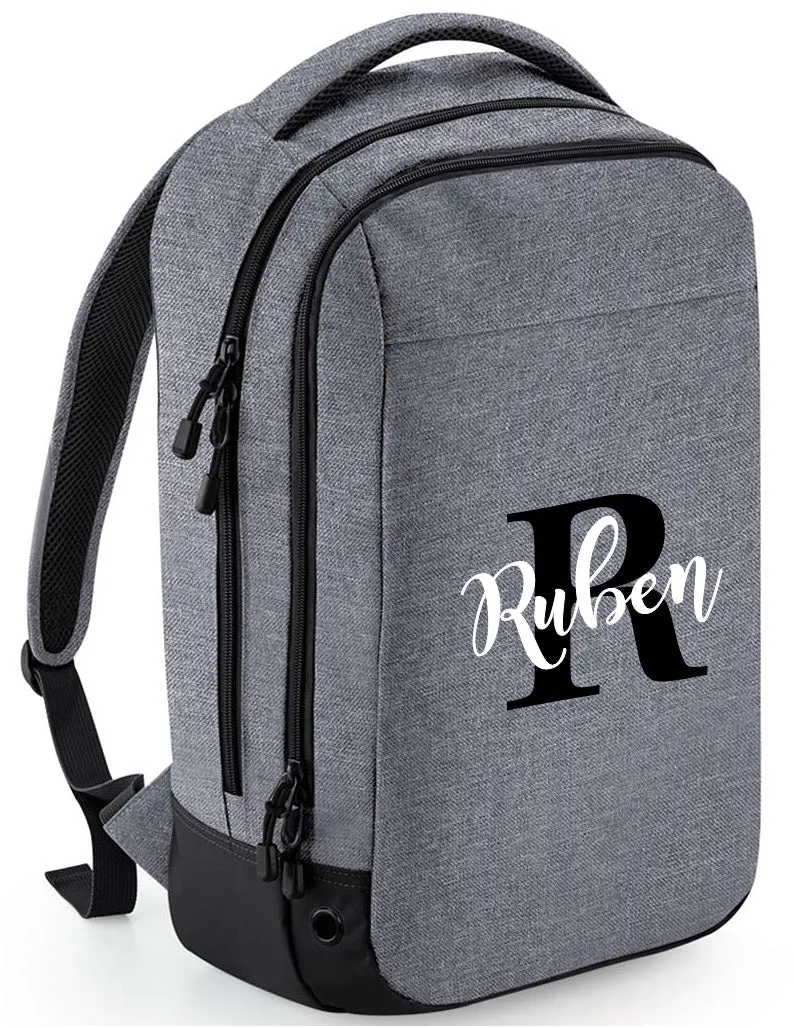 Personalised Pro Backpack with Water bottle pocket and Matching Gym Bag Initial and Name 23L Grey Set