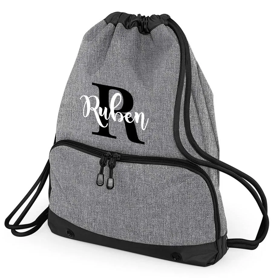 Personalised Pro Backpack with Water bottle pocket and Matching Gym Bag Initial and Name 23L Grey Set