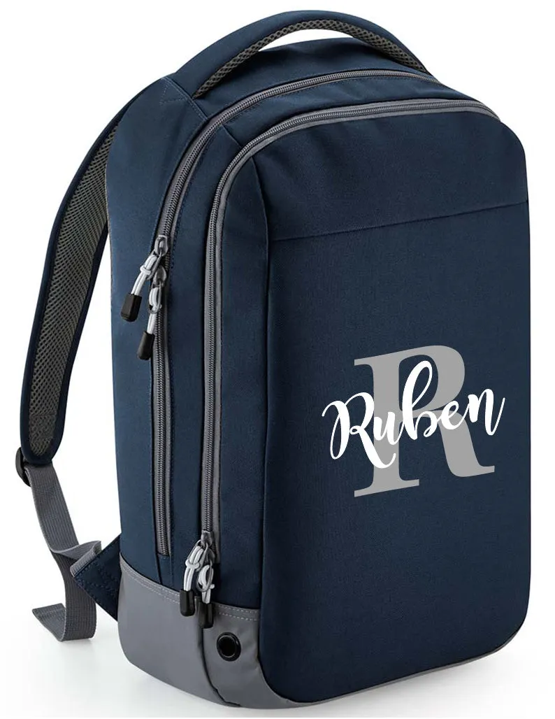 Personalised Pro Backpack with Water bottle pocket and Matching Gym Bag Initial and Name 23L Navy Blue Set