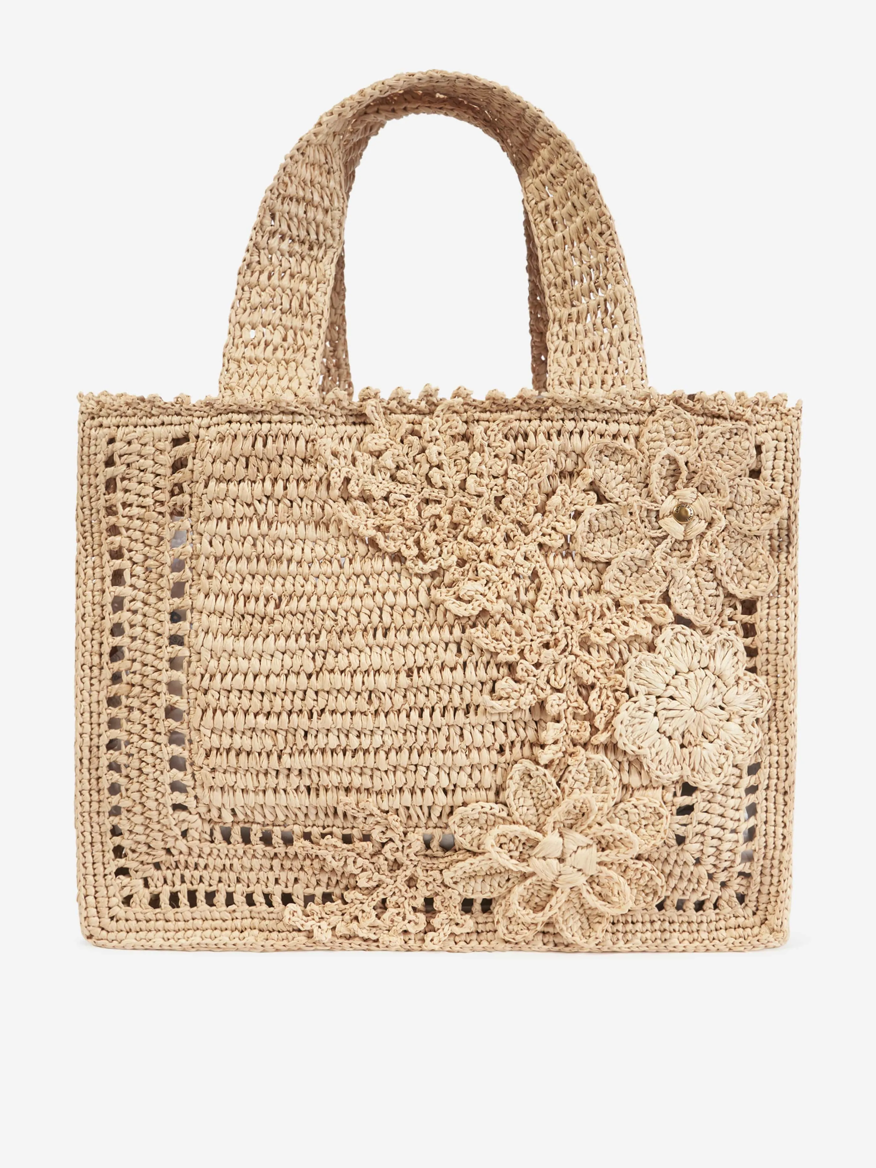 Zimmermann Girls Floral Raffia Mini Tote Bag in Beige