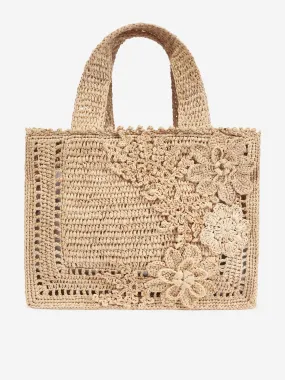 Zimmermann Girls Floral Raffia Mini Tote Bag in Beige