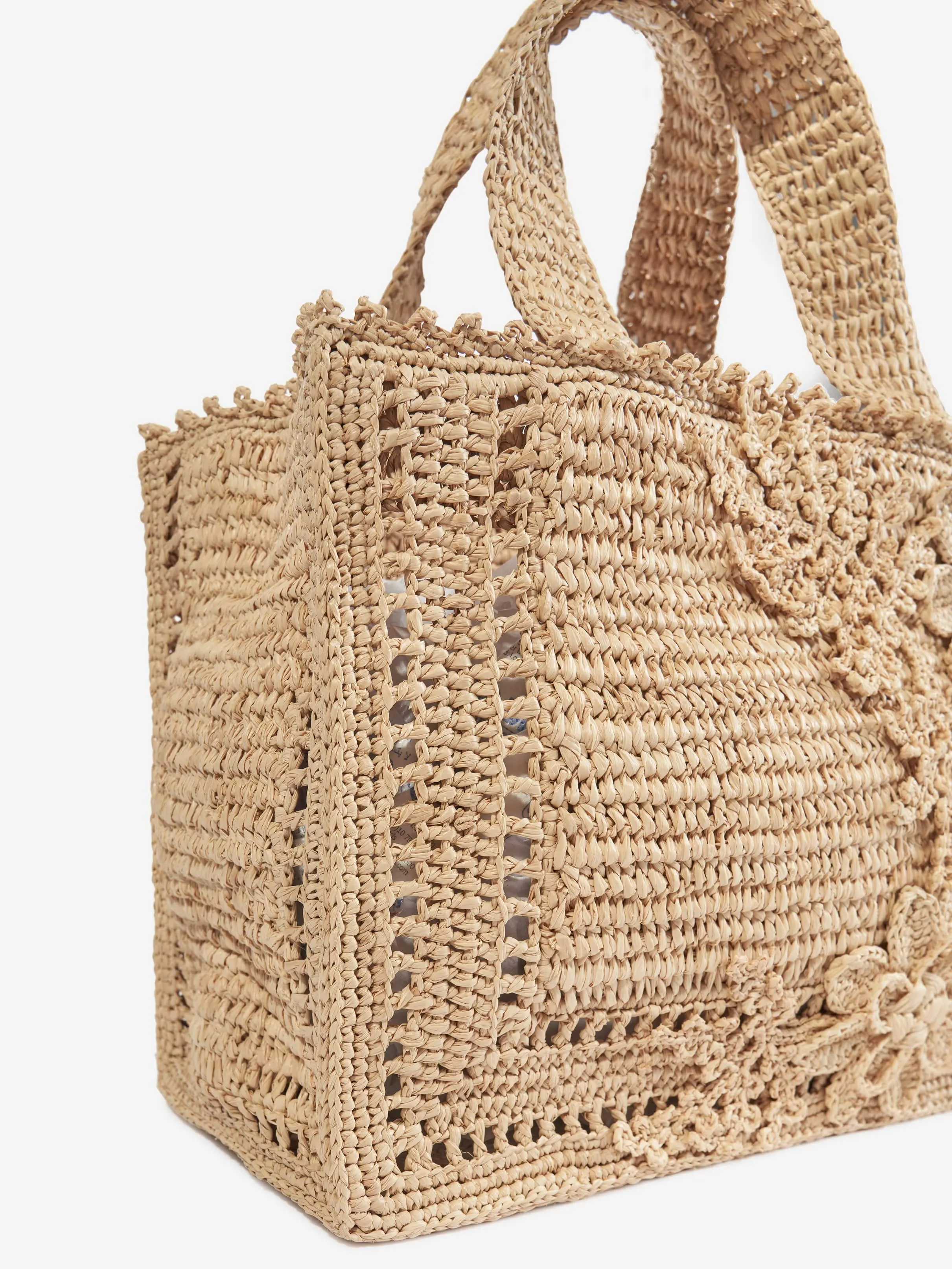 Zimmermann Girls Floral Raffia Mini Tote Bag in Beige